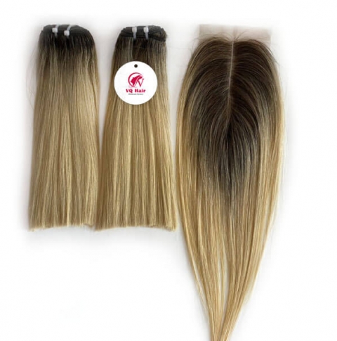 Best Deal Blonde Ombre Hair Bundles With Closure - Ombre Color 1B/613 Straight Weave With Lace Closure